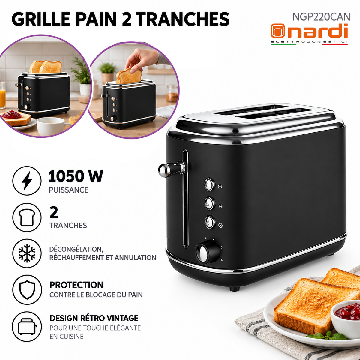 Nardi – NGP220CAN – Grille-Pain 2 Tranches - Puissance 1050W