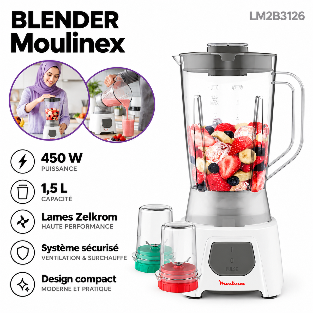 Moulinex – LM2B3126 – Blender de Cuisine - Bol 1,5 L et Puissance 450 W
