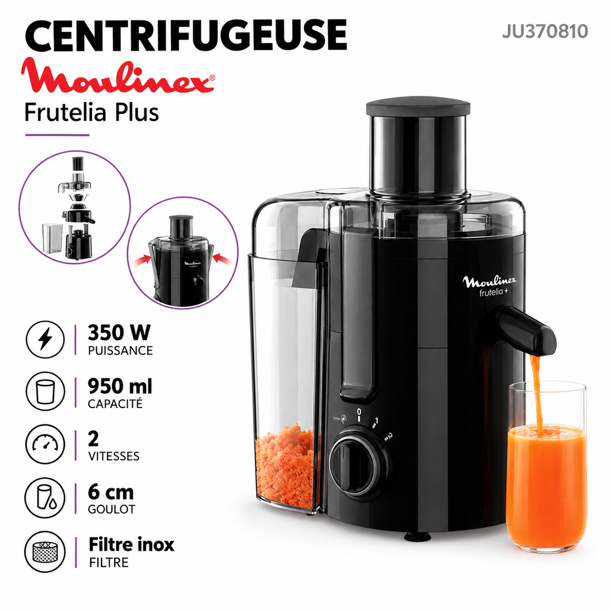 Moulinex – Frutelia Plus JU370810 – Centrifugeuse - Goulotte 6 cm, 2 Vitesses