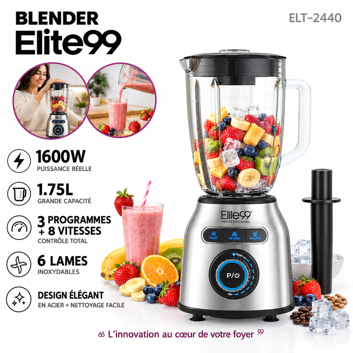 Elite99 – ELT-2440 – Blender de Cuisine - Puissance 1600 W