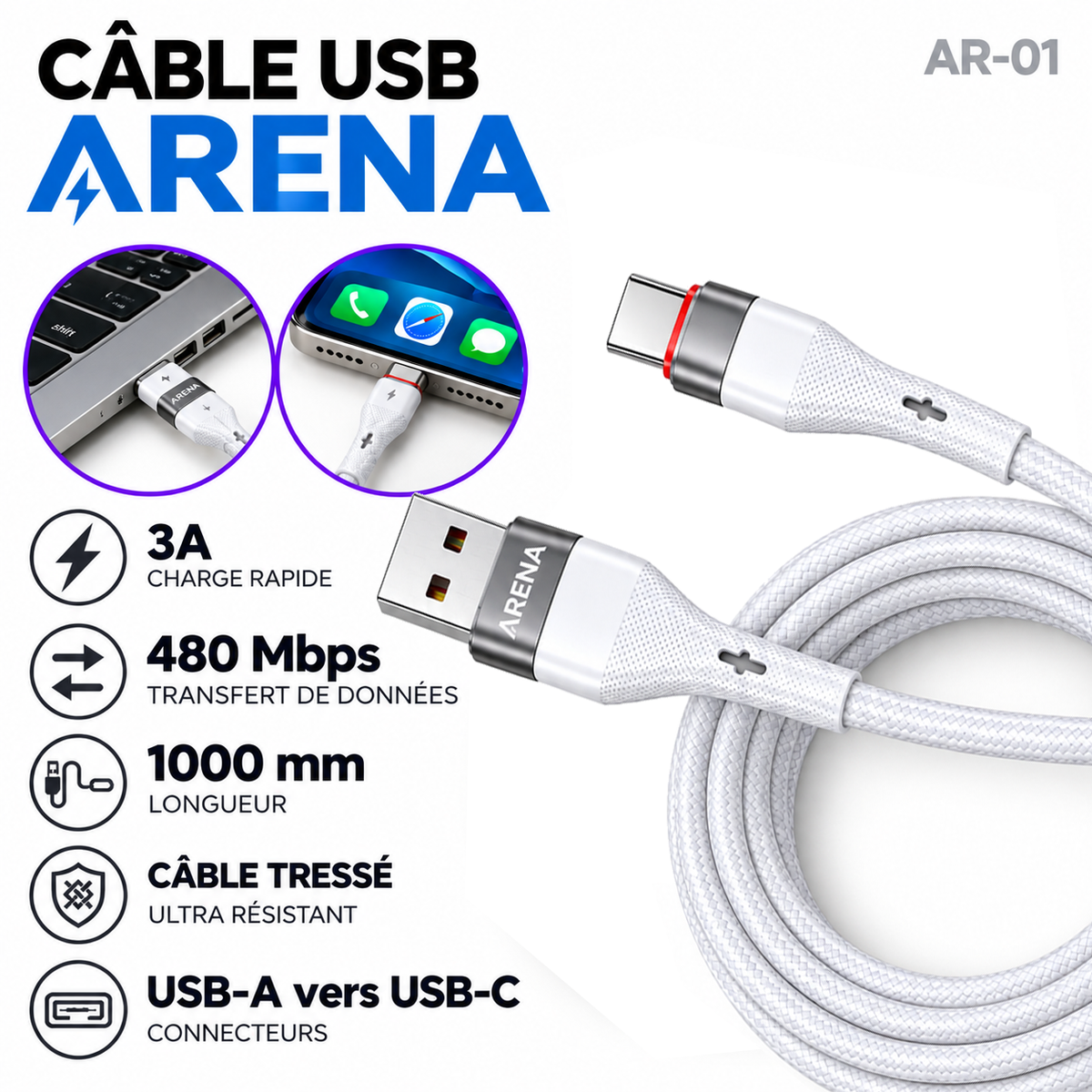 Arena AR-01 – Cable USB-A vers USB-C 3A