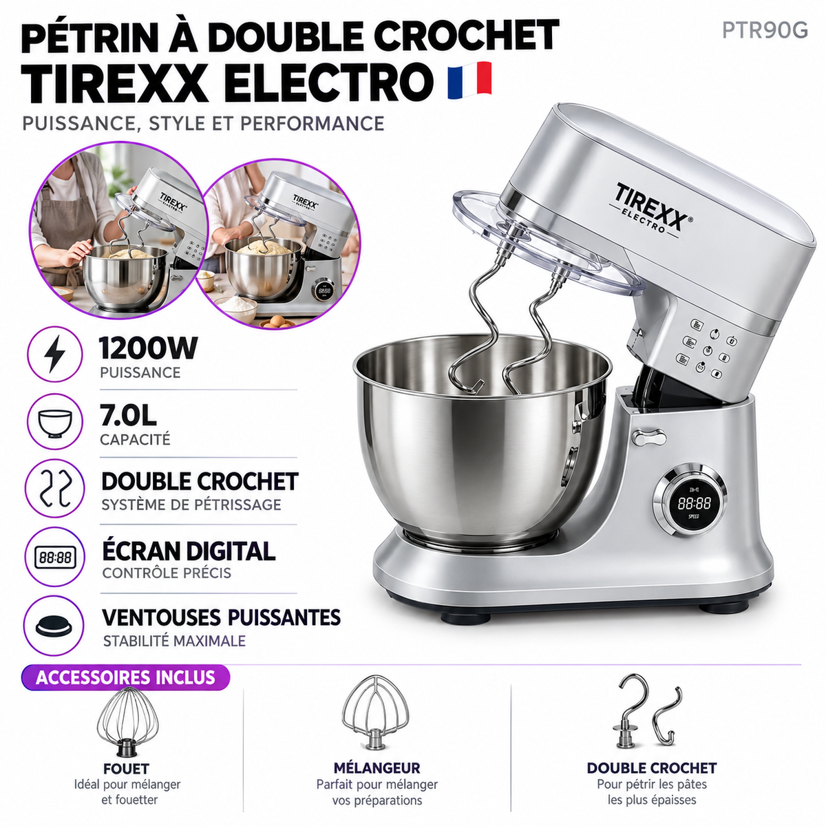 Tirexx PTR90G – Pétrin à Double Crochet - Cuve Inox 7 L - 1200 W