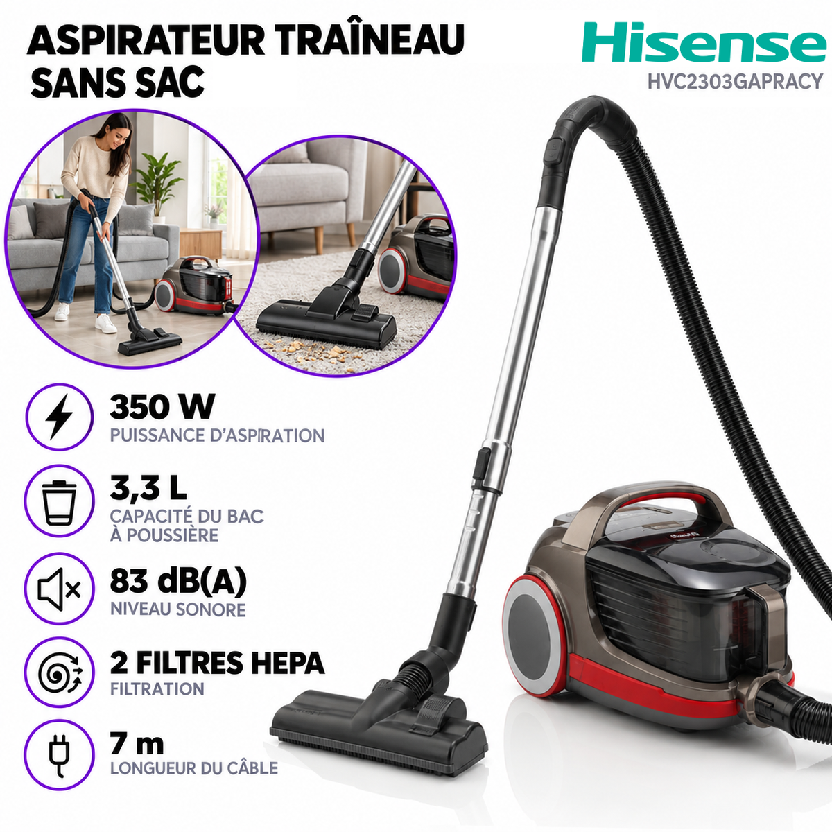 Hisense – Aspirateur Traineau Sans Sac HVC2303GAPRACY
