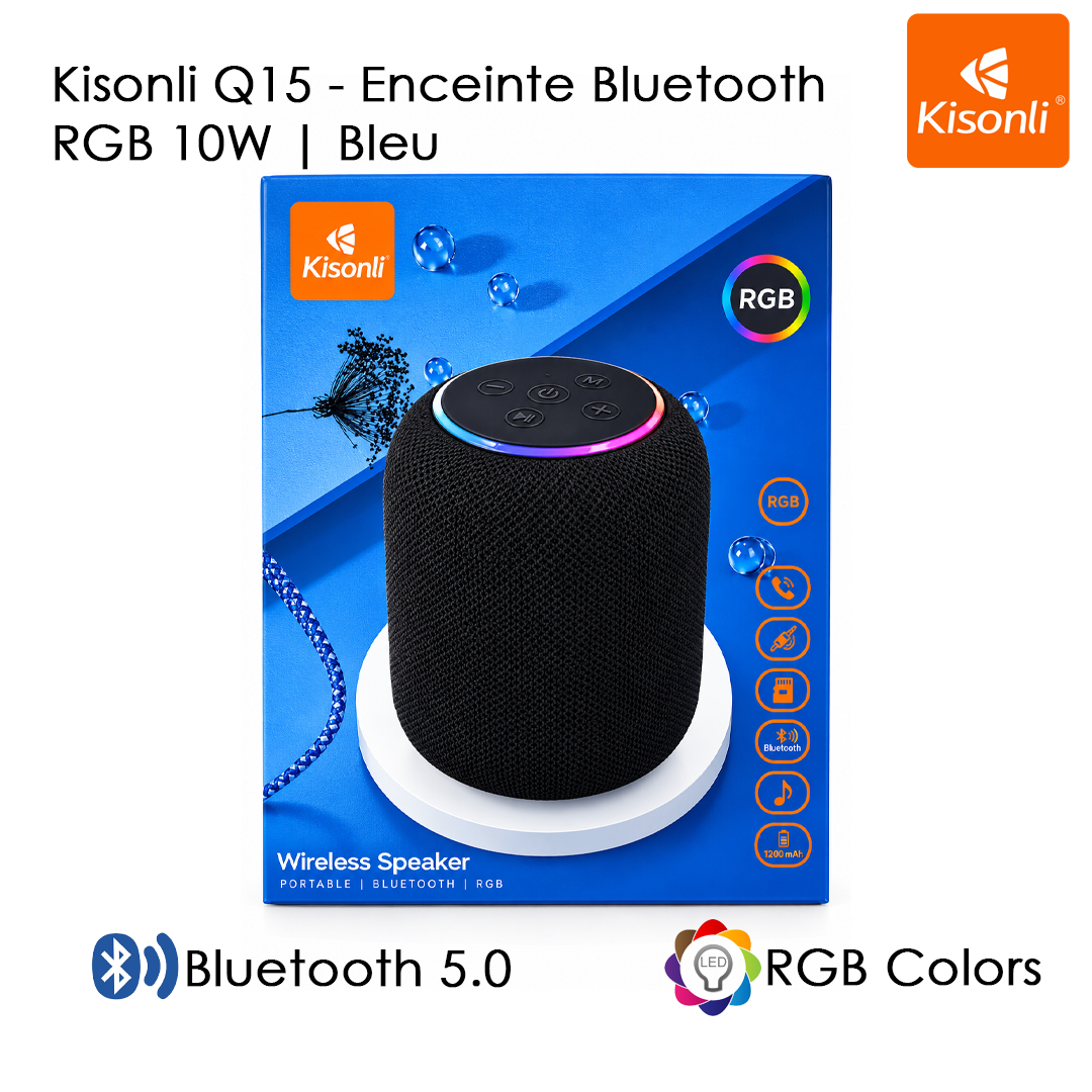 Enceinte Kisonli Q15 Bluetooth 10W avec RGB, USB/TF/AUX, autonomie 4h. Facturation entreprise, tarifs de gros disponibles. Livraison rapide en Algérie.