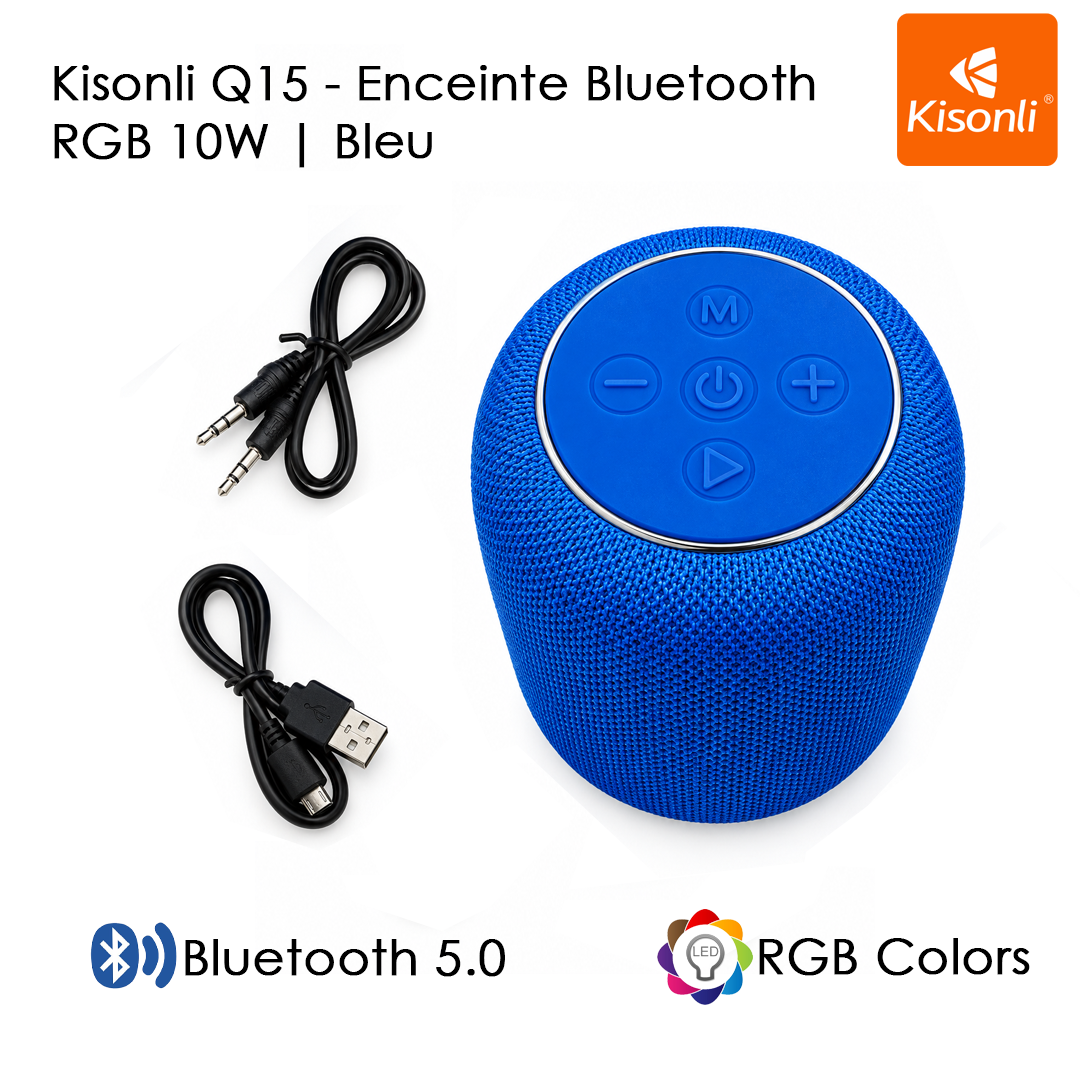 Enceinte Kisonli Q15 Bluetooth 10W avec RGB, USB/TF/AUX, autonomie 4h. Facturation entreprise, tarifs de gros disponibles. Livraison rapide en Algérie.