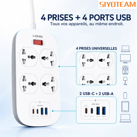 Multiprise  SIYOTEAM SC4407C 2500W USB-C/USB-A
